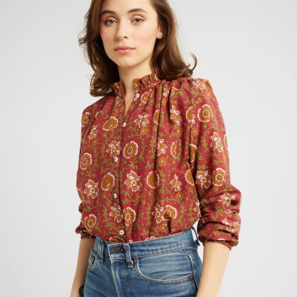 MILLE Francesca Floral Button Down Top Long Sleeve Ruffle Collar XXS